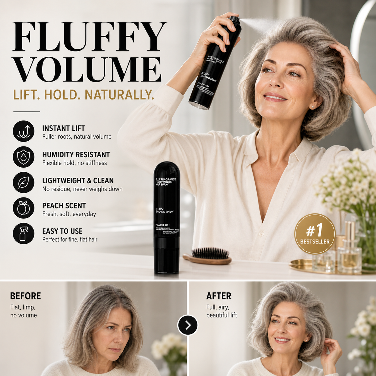 Fluffy Hair Shaping Spray, Long Lasting Peach Scent Volumizing Hair Mist for All-Day Hold